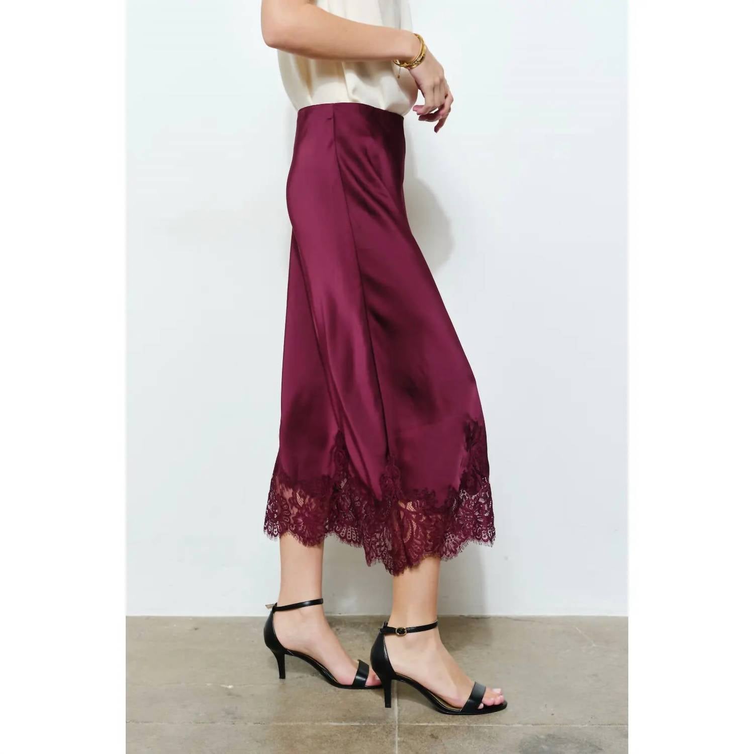 INA Fashion Silky Lace Hemmed Midi Skirt in wine - women's skirt - detail view