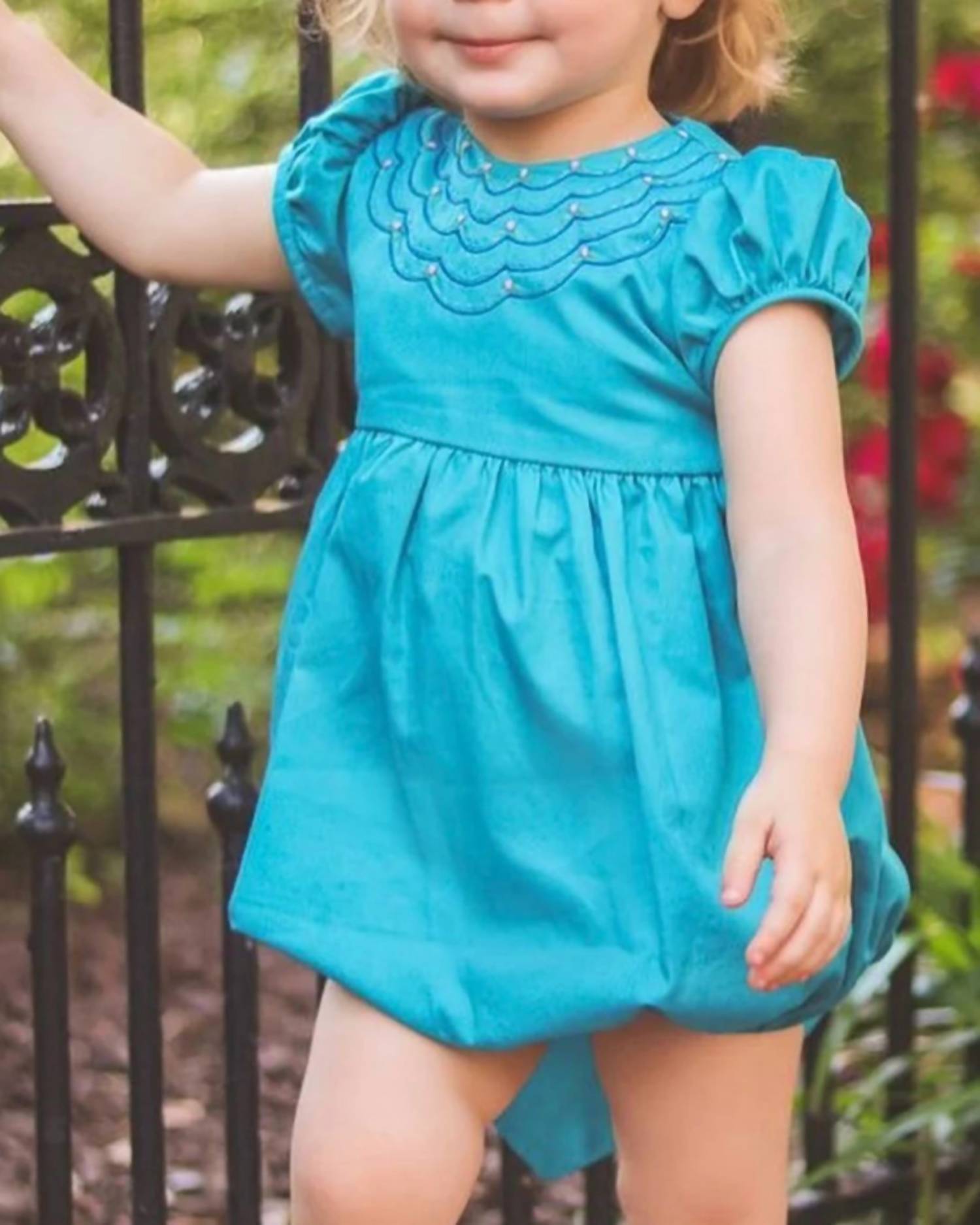 THE PROPER PEONY London Scalloped Bubble Dress in blue - kids' dress - detail view