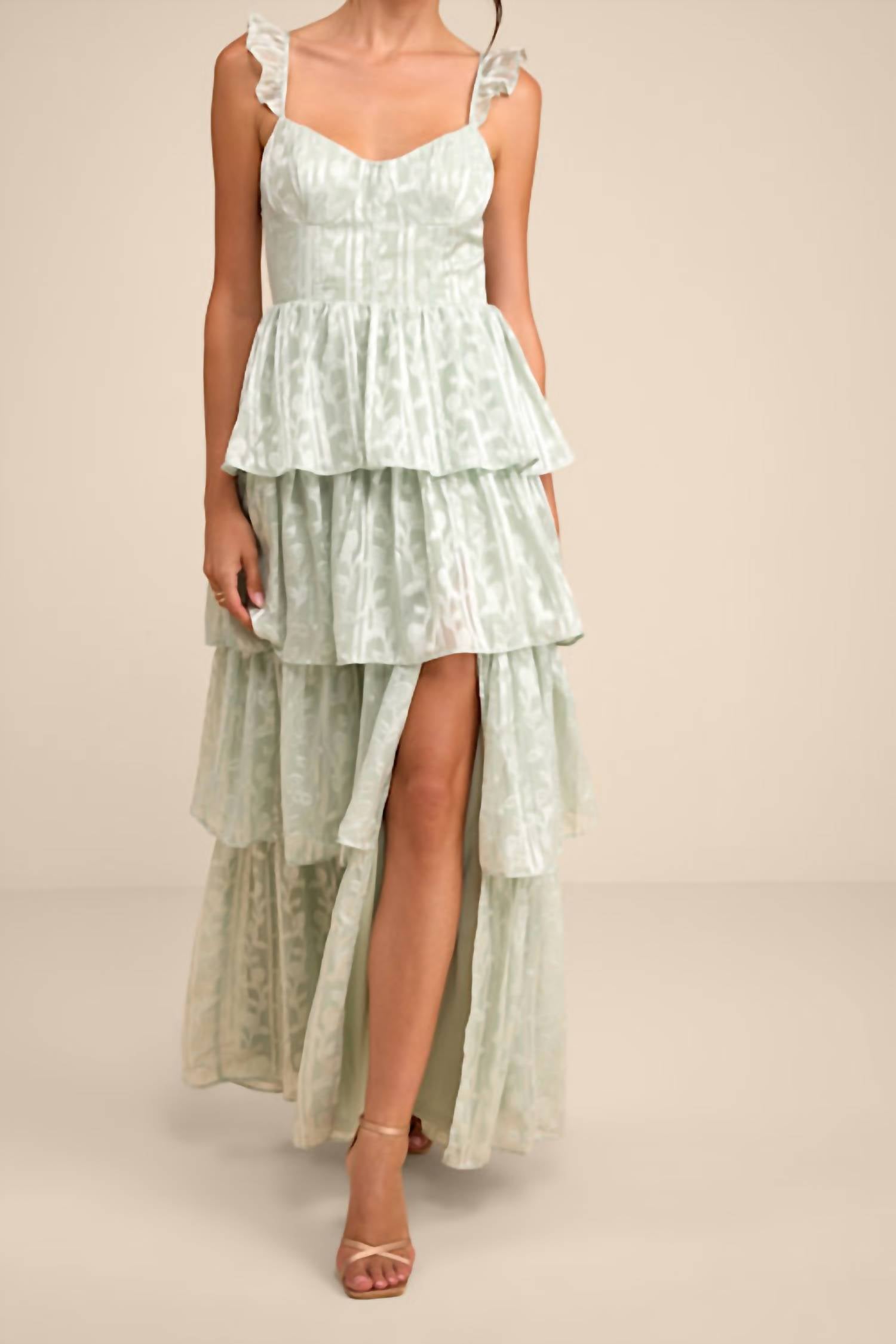 Lulus Women's Stunning Glory Floral Jacquard Tiered Maxi Dress in sage green - women's dress - alternate view