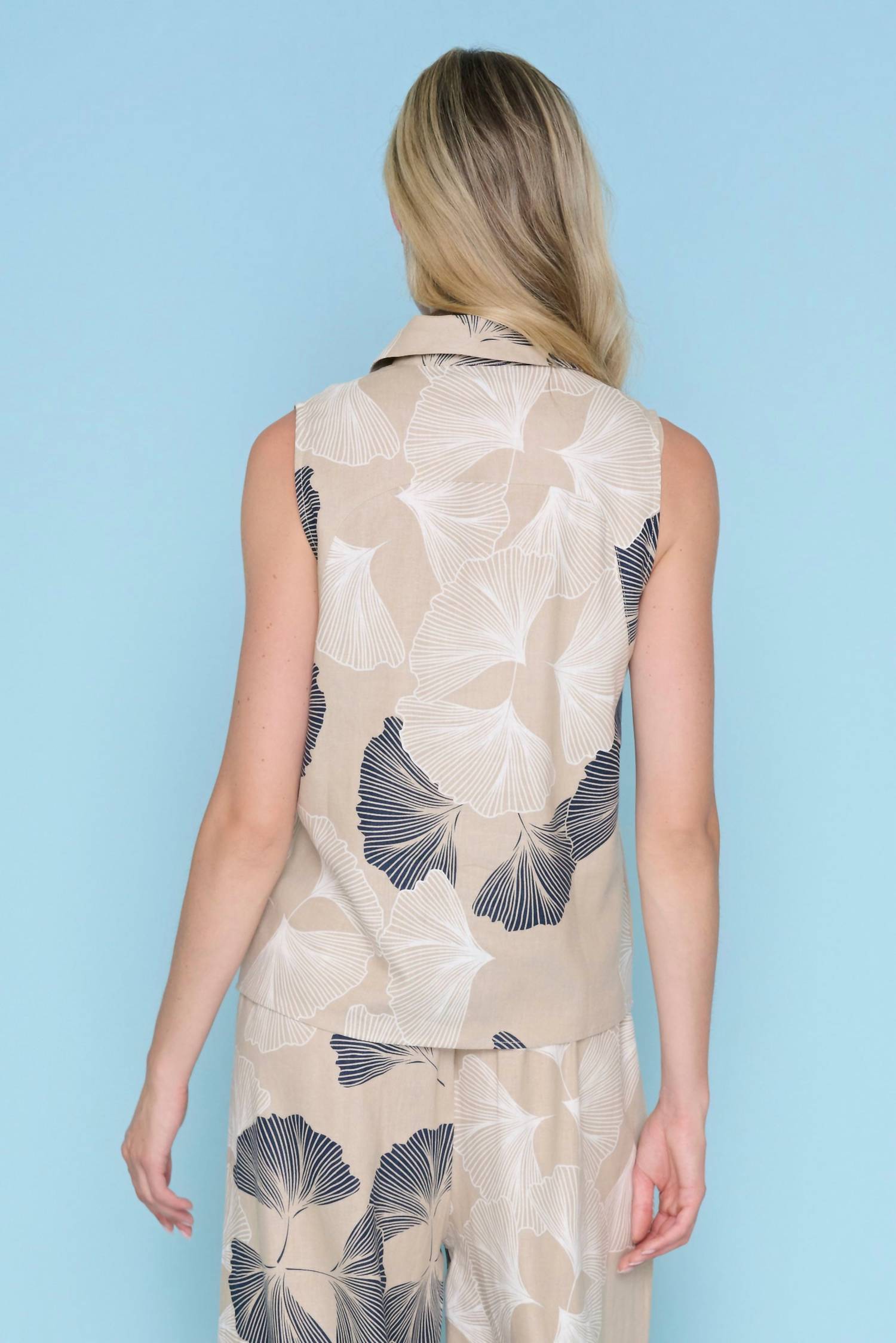 PICADILLY Coastal Ginkgo Breeze Sleeveless Top in sand - women's blouse - detail view
