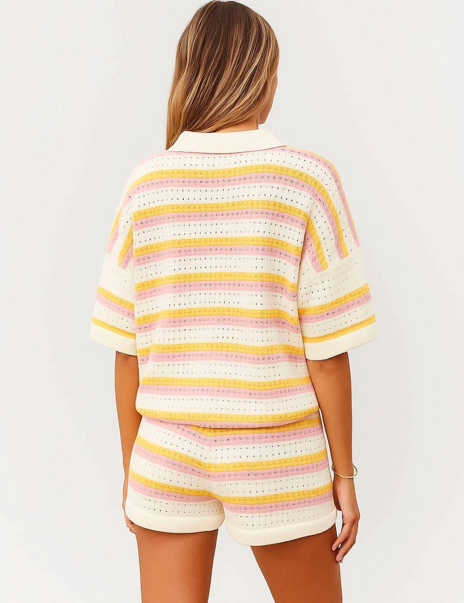 Sweetkama - July Stripe Color Block Knit Top & Shorts Set