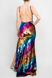 Jovani - V-neckline Dainty Straps Slit Front Bodycon Sequins Gown