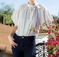 THML Puff Sleeve Striped Top in green pink - women's blouse - view 4