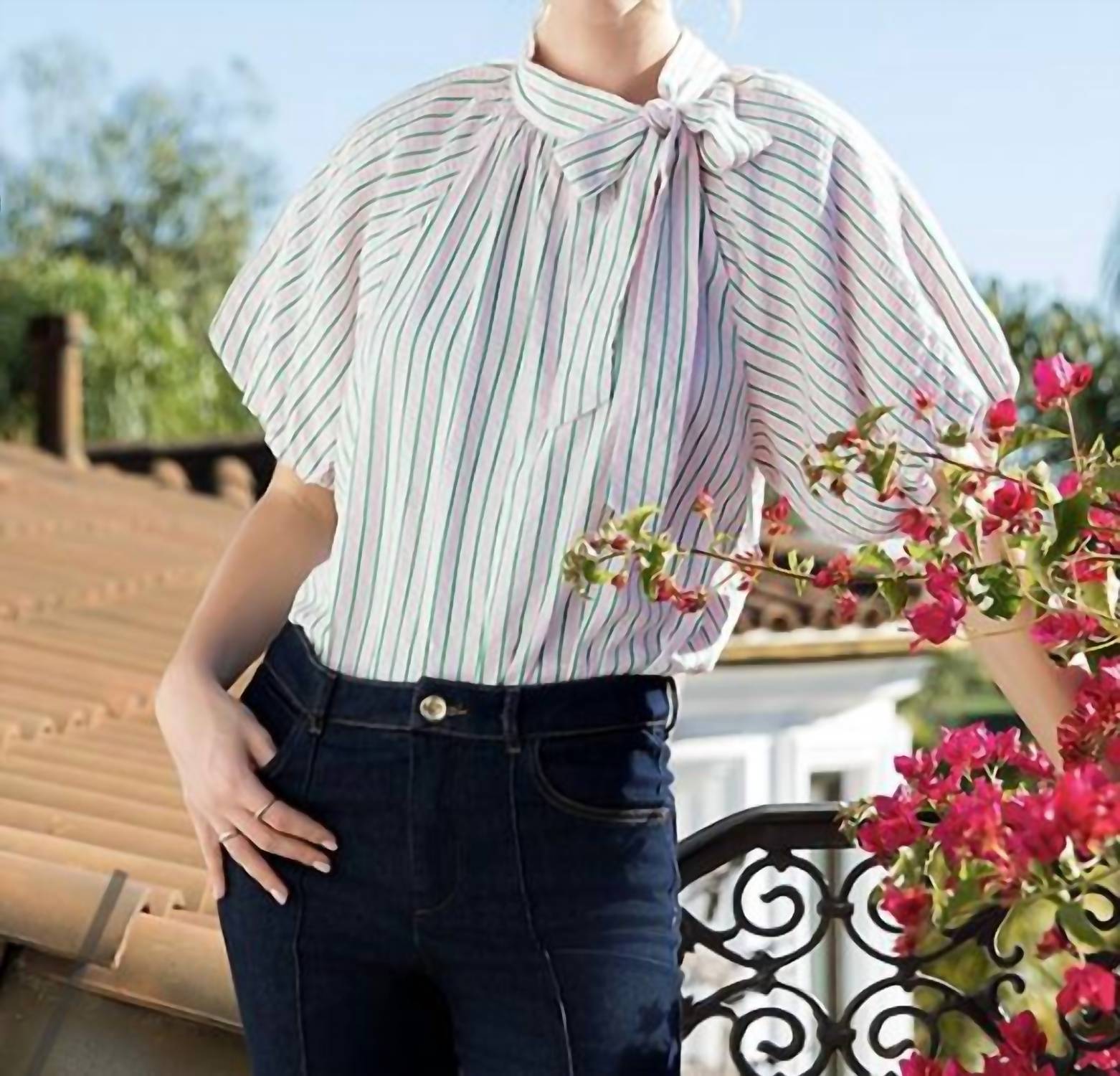 THML Puff Sleeve Striped Top in green pink - women's blouse - view 4