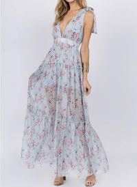 Fanco - Baby Blue Floral Deep V-neck Flowing Maxi Dress