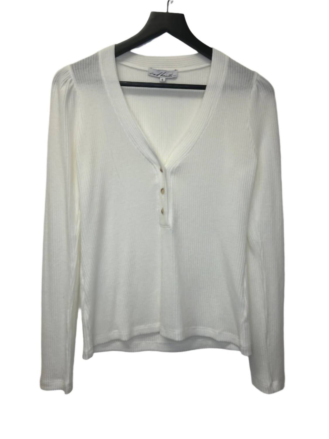 red haute Women's Ribbed V-neck Henley Top in ivory - women's long sleeve top