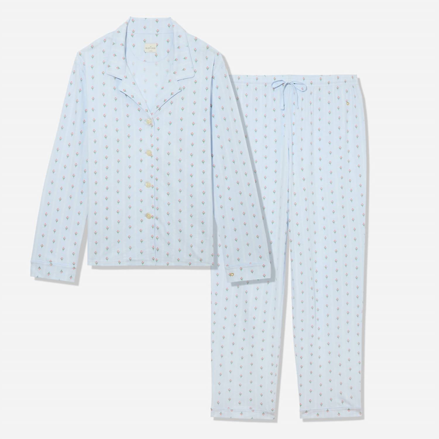 The Sleep Code Women's Printed Organic Pima Cotton Long Pj Set in blue bud stripe - women's item - alternate view