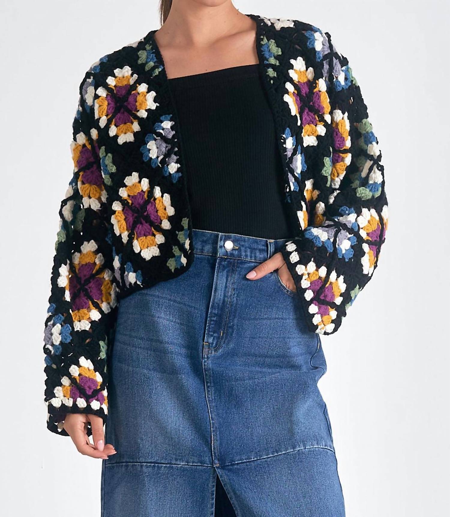 ELAN Crochet Cardigan Sweater in multi colored - women's cardigan
