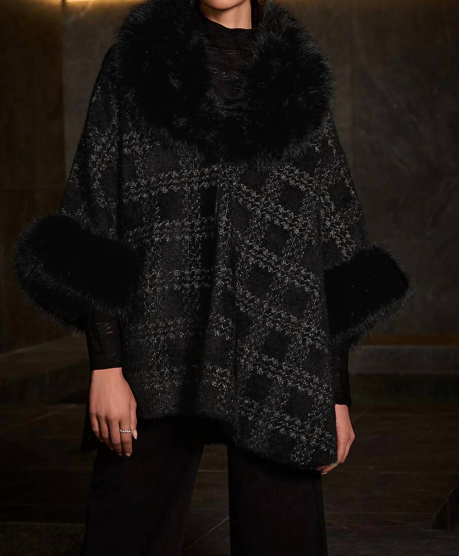Joseph Ribkoff - Plaid Print Faux Fur Poncho
