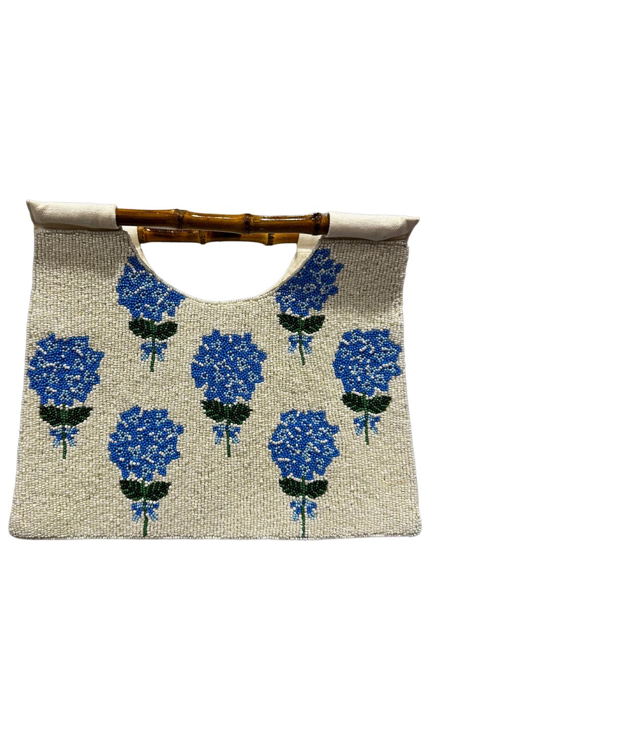 Navy Jane - Narragansett Beaded Hydrangea Bag with Bamboo Handles