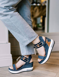 NeroGiardini Women's Utility Wedge Sandal With Straps in jeans - women's shoe - view 5