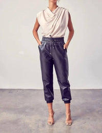 Dobe - Smocked Waist Pu Pants