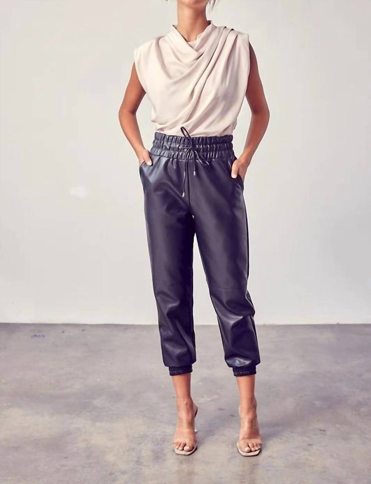 Dobe - Smocked Waist Pu Pants
