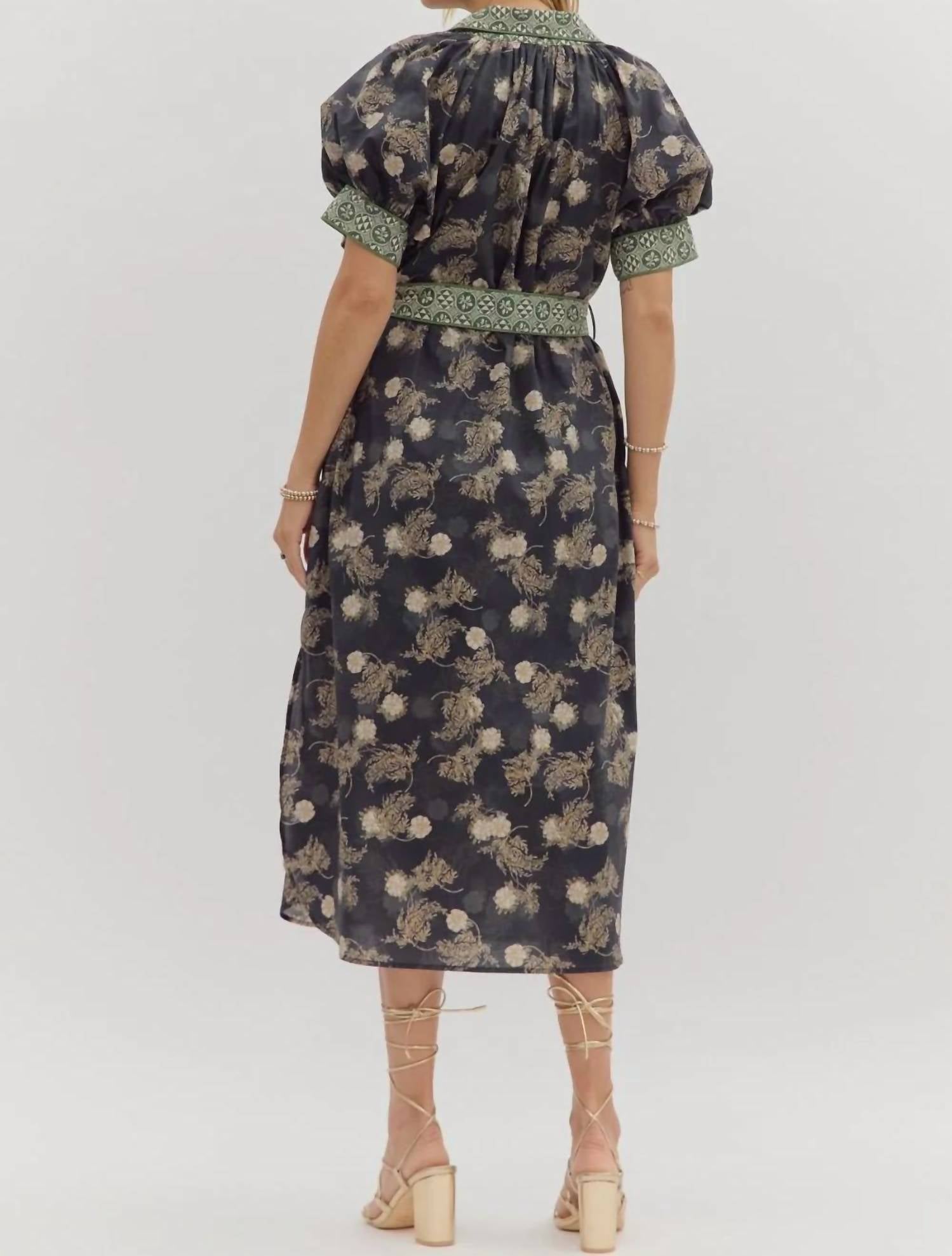 Entro - Women's Silva Floral Short Puff Sleeve Shirt Midi Dress