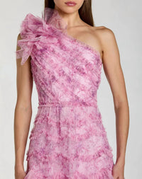 MAC DUGGAL Printed One Shoulder Ruffled A-line Midi Dress in pastel multi - women's dress - alternate view