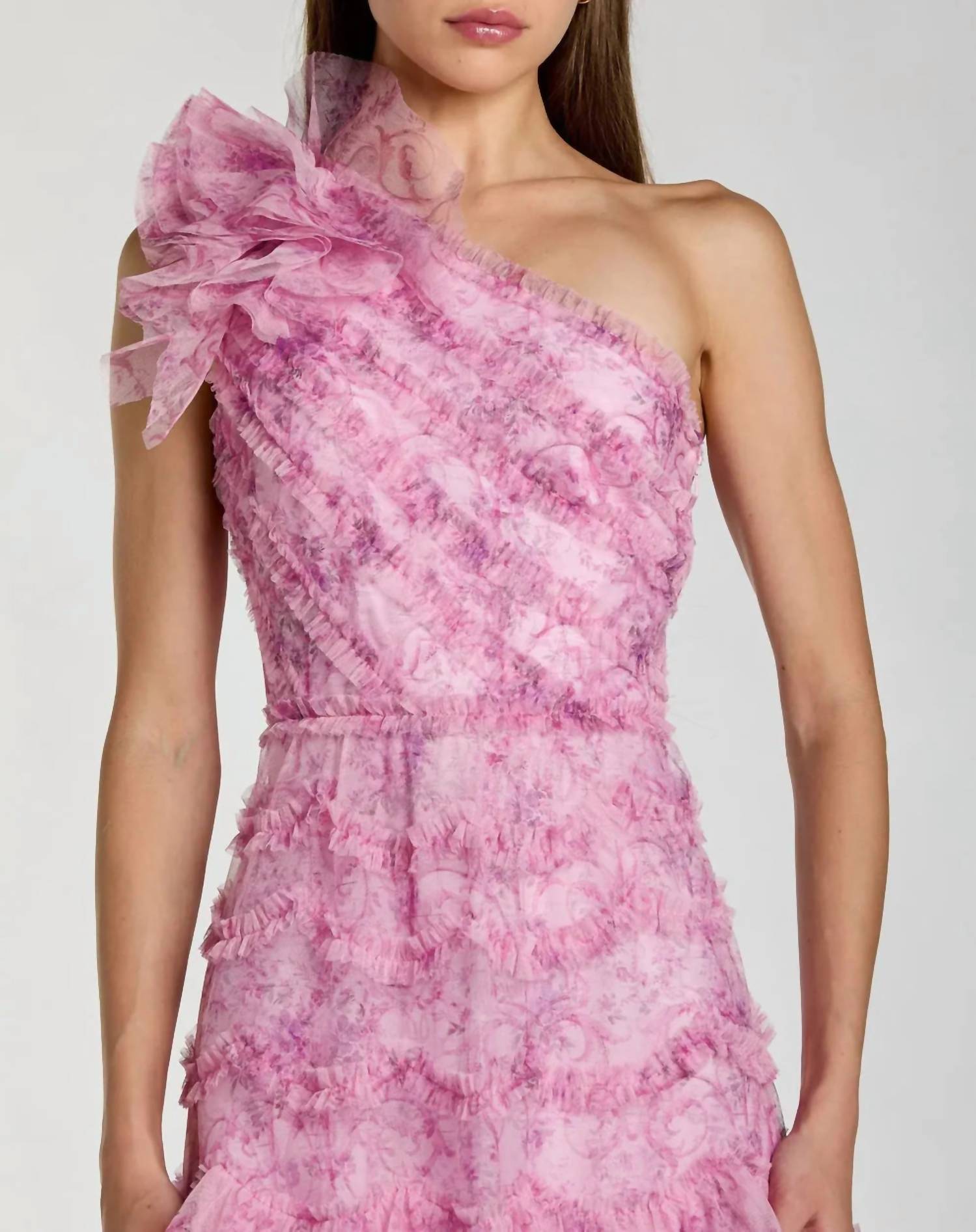 MAC DUGGAL Printed One Shoulder Ruffled A-line Midi Dress in pastel multi - women's dress - alternate view