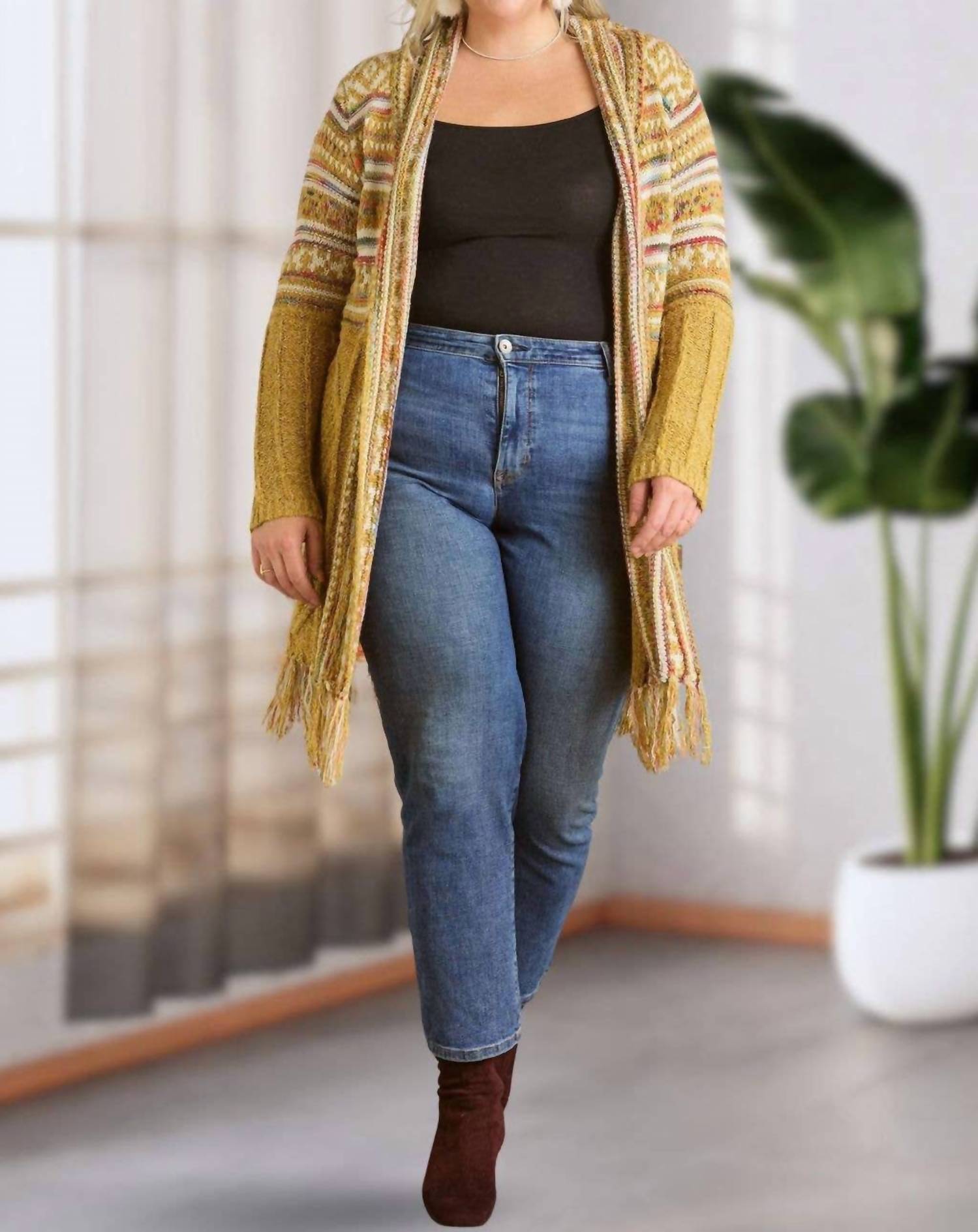 ADORA Maya Fringe Hem Aztec Cardigan -plus in mustard - women's sweater