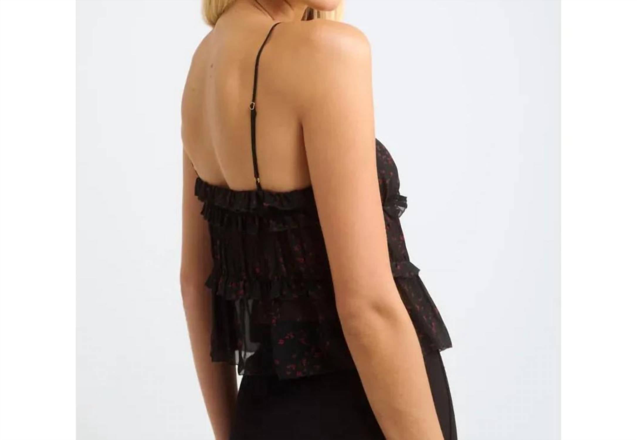 Rumored Samba Ruffled Strappy Camisole Top in black - women's shirt - detail view