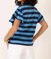 Nation LTD Camille Ruffle Sleeve Tee in rugby stripe - women's t-shirt - detail view