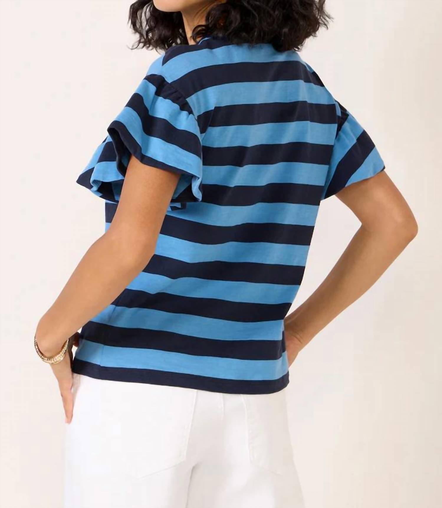 Nation LTD Camille Ruffle Sleeve Tee in rugby stripe - women's t-shirt - detail view