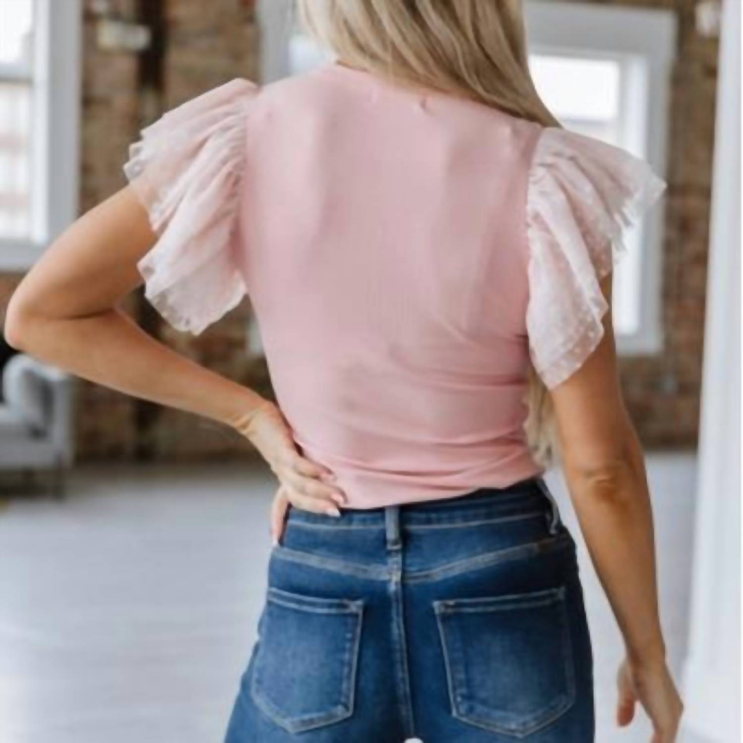 Liam & Company - Sheer Ruffle Sleeve Knit Top