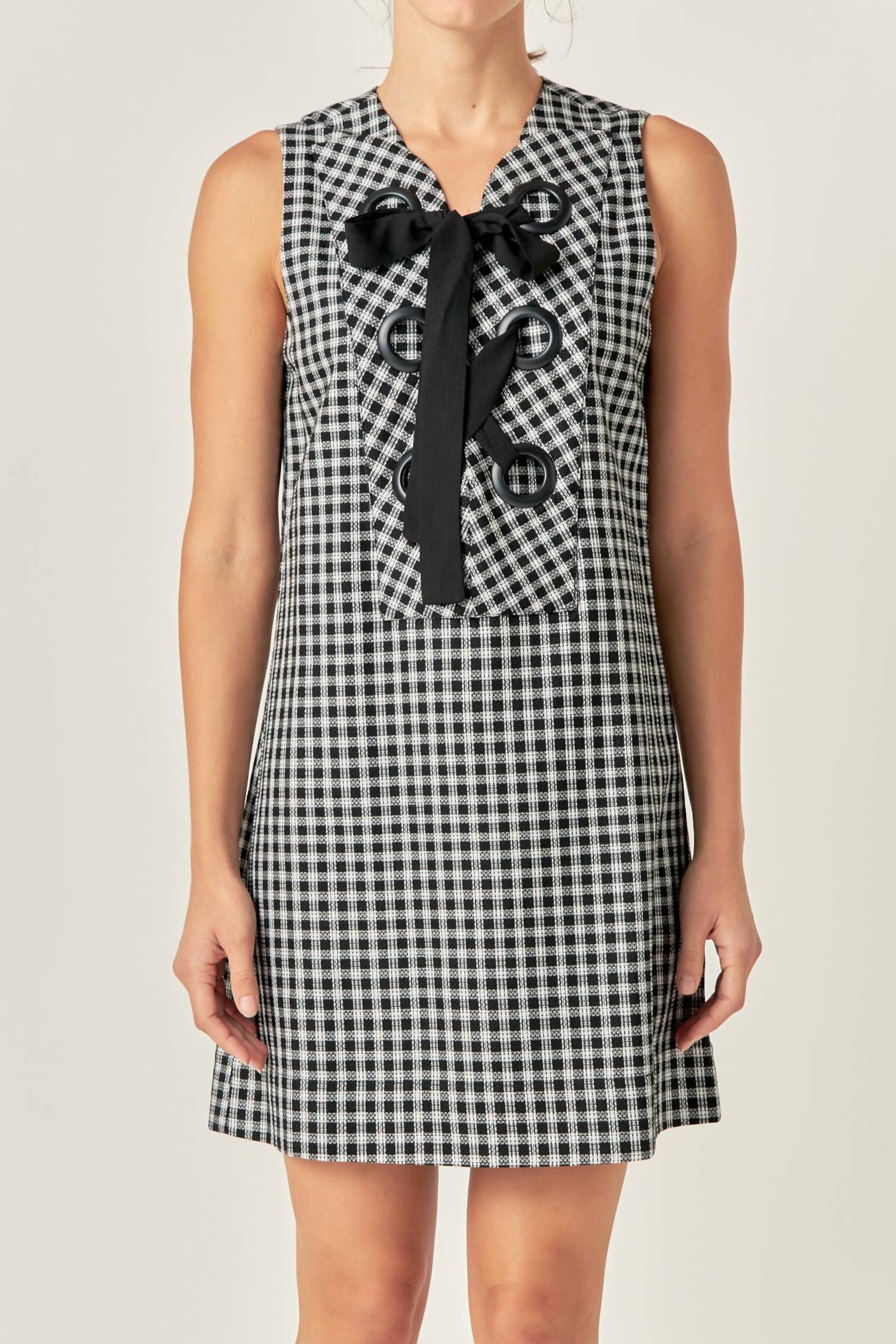 English Factory - Check Sleeveless Grommet Mini Dress