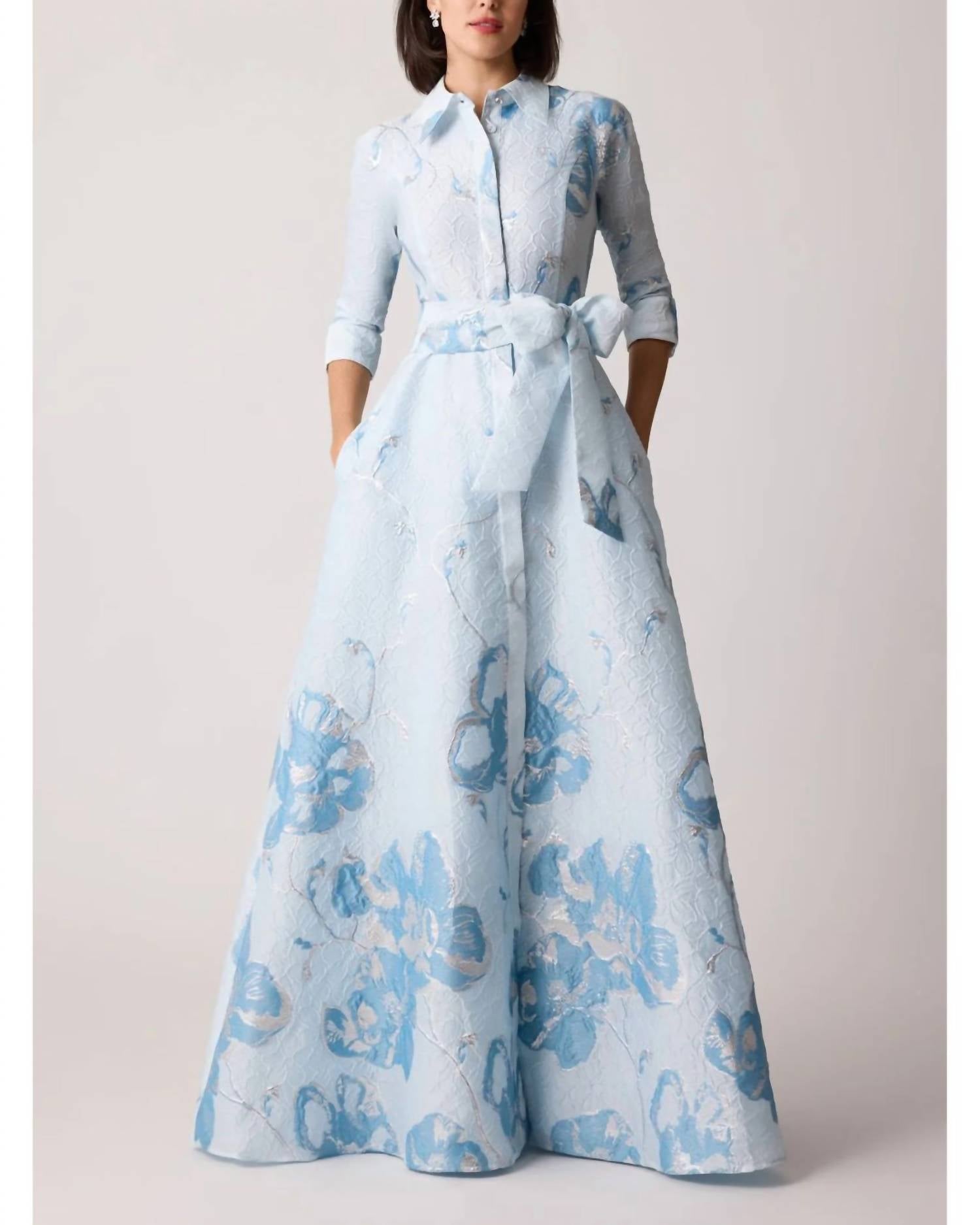 Teri Jon - Jacquard Border Pattern Shirt Gown