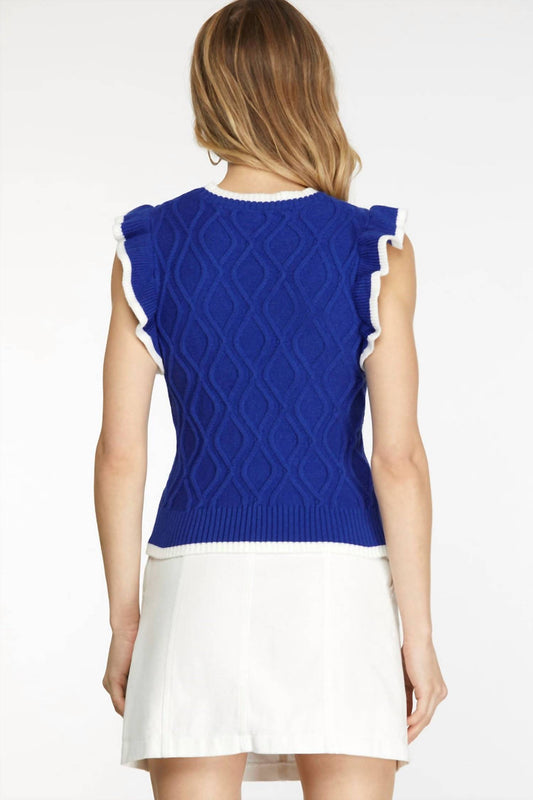 She + Sky - Game Day Ruffle Sleeve Cable Sweater Top With Contrast Edge