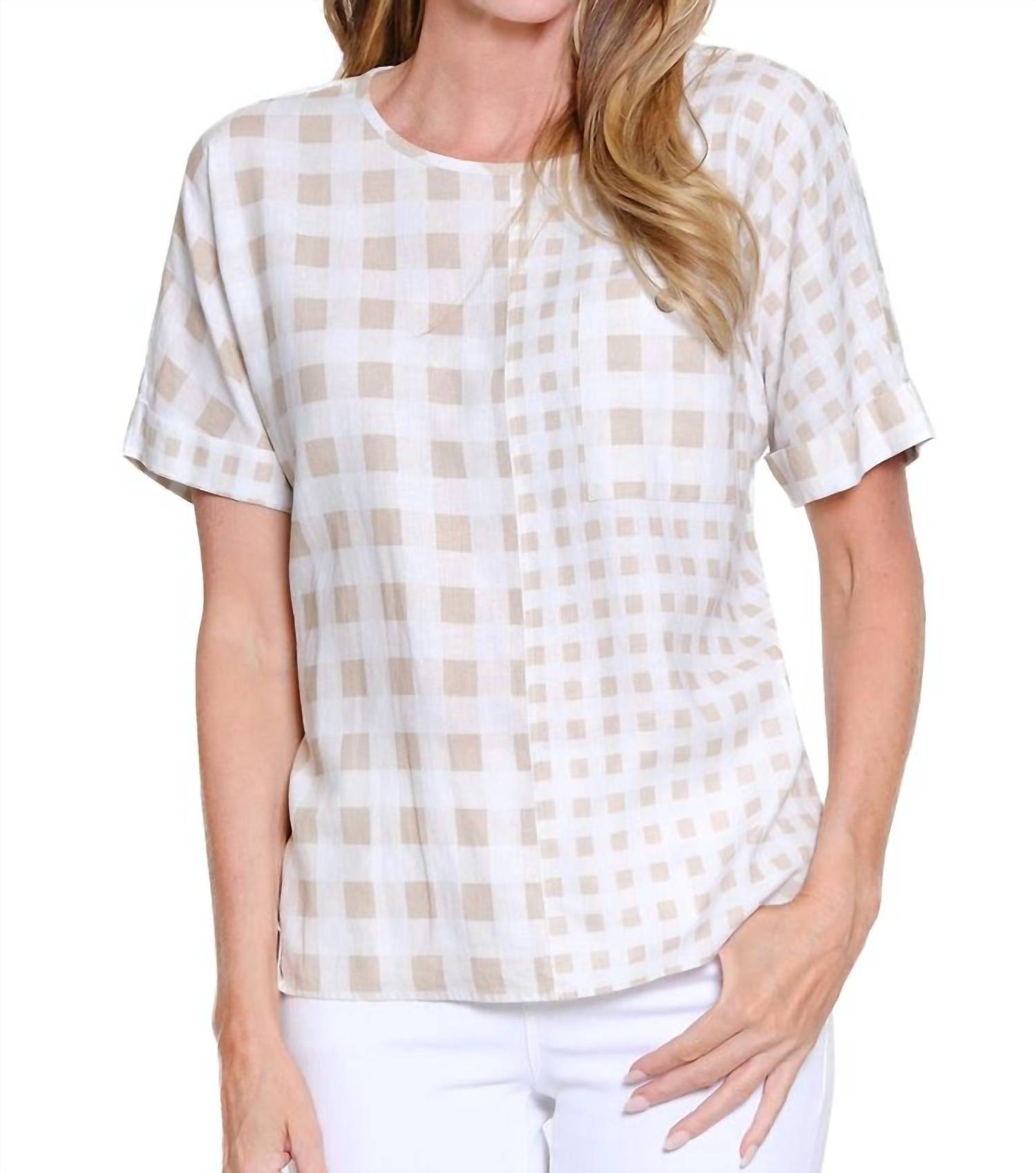 Multiples Sheer Check Lightweight Top in khaki - women's blouse