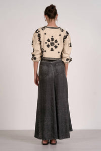 ELAN Floral Stitch Puff Sleeve Jacket in natural black - women's jacket - alternate view