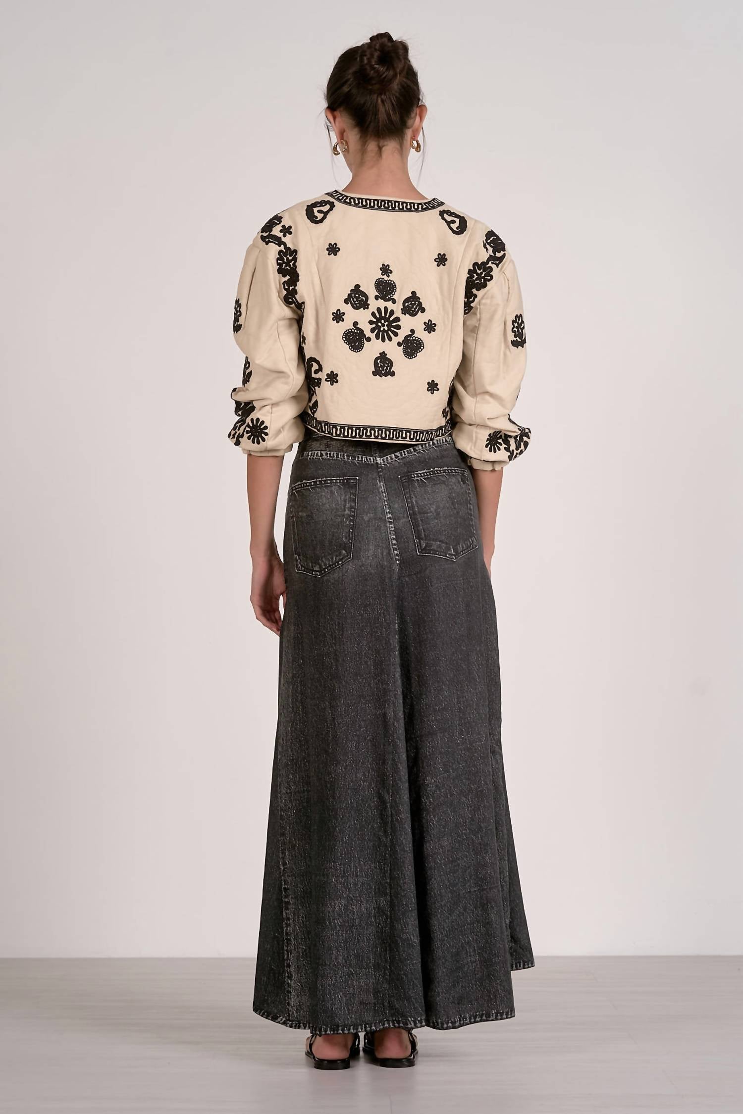ELAN Floral Stitch Puff Sleeve Jacket in natural black - women's jacket - alternate view
