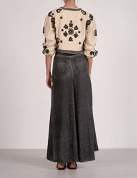 ELAN Floral Stitch Puff Sleeve Jacket in natural black - women's jacket - detail view