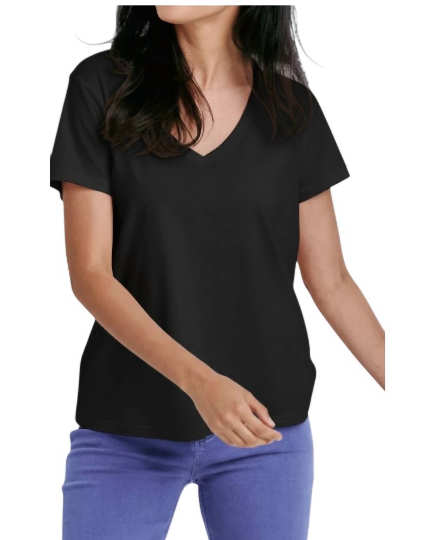 DEAR JOHN DENIM Madi V Neck Jersey Short Sleeve Tee in black - women's t-shirt