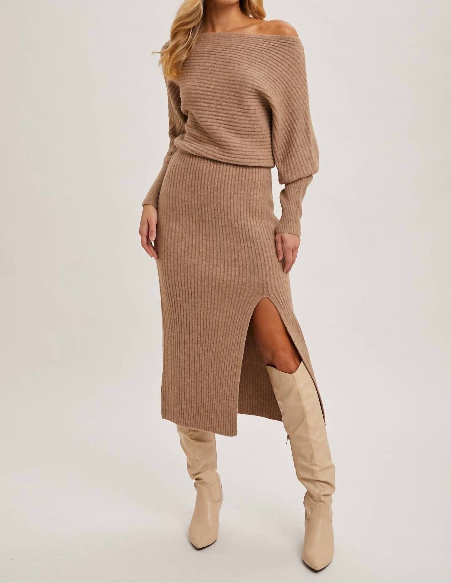 Bluivy - One Shoulder Off Side Slit Midi Knit Sweater Dress