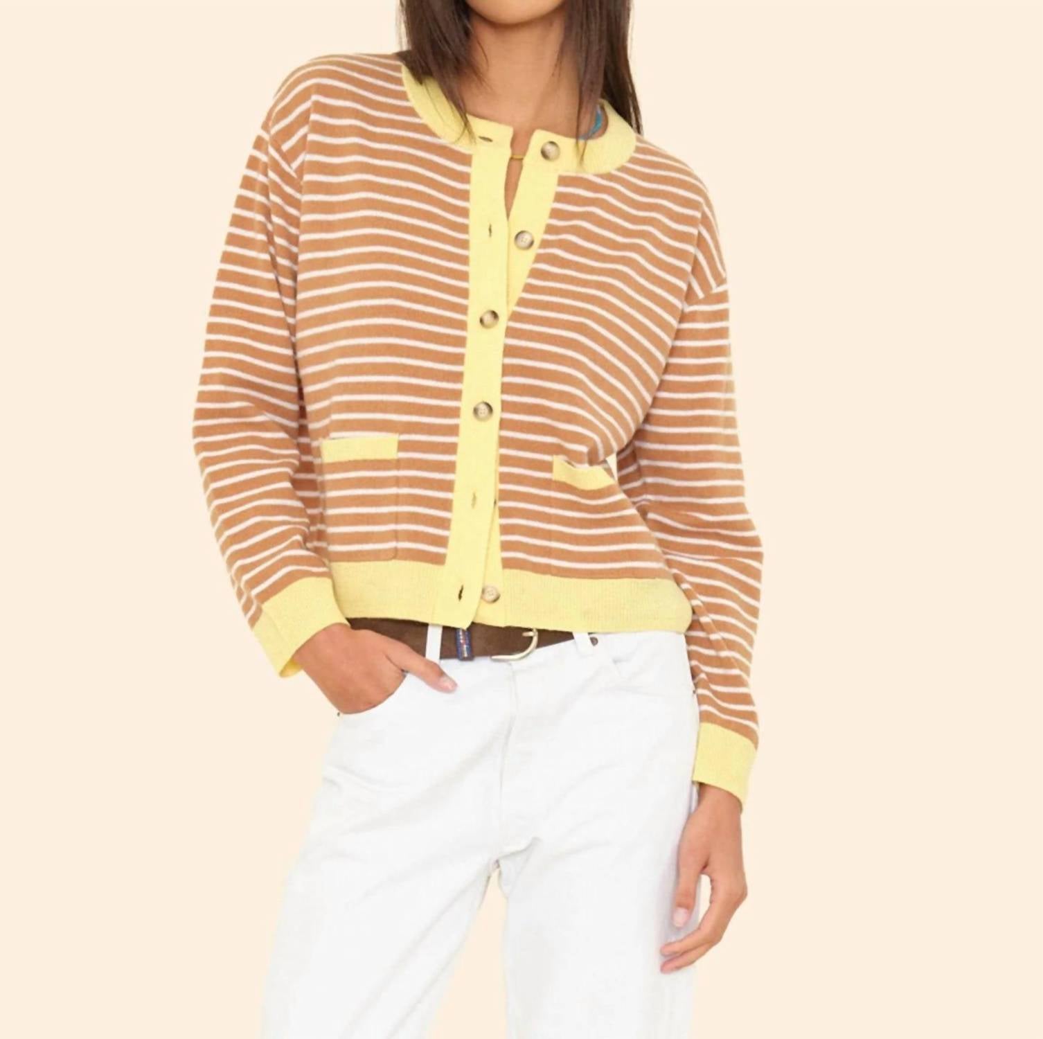 XIRENA Lillian Long Sleeve Cardigan in camel stripe - women's cardigan