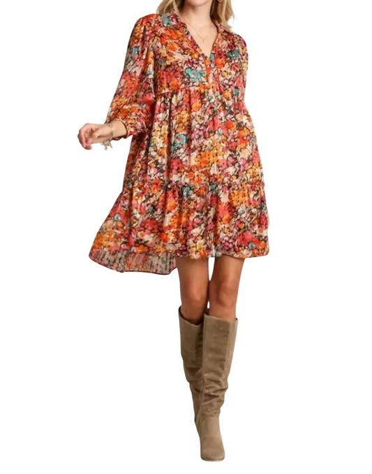 Umgee - V-neck Metallic Floral Print Dress