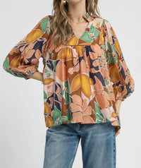 Umgee - Abstract Floral Print Blouse With Ruffle Neck