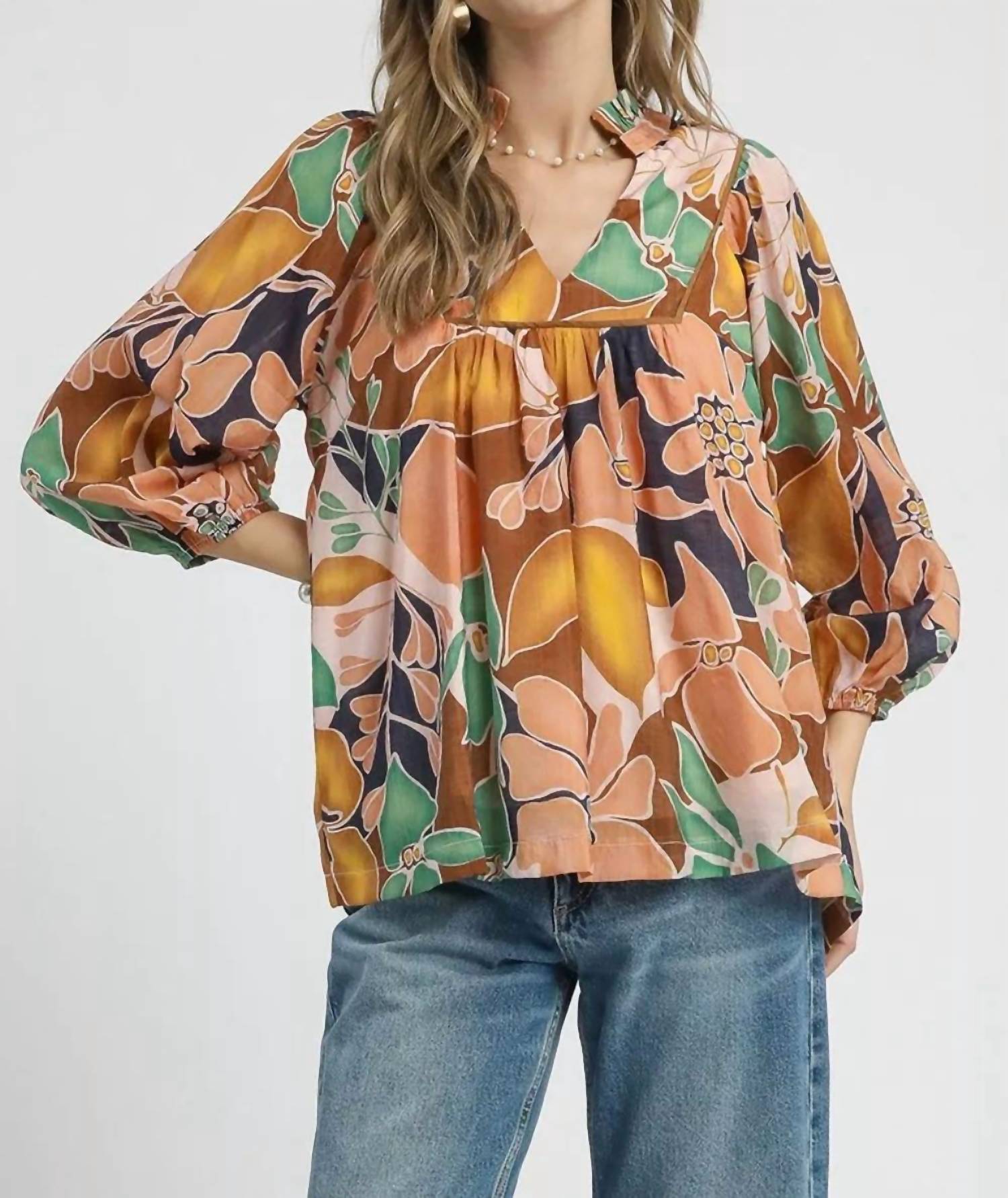 Umgee - Abstract Floral Print Blouse With Ruffle Neck