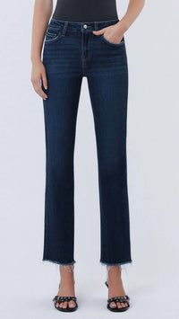 LOVERVET Mid Rise Raw Hem Ankle Straight Jeans in dark blue - women's jeans