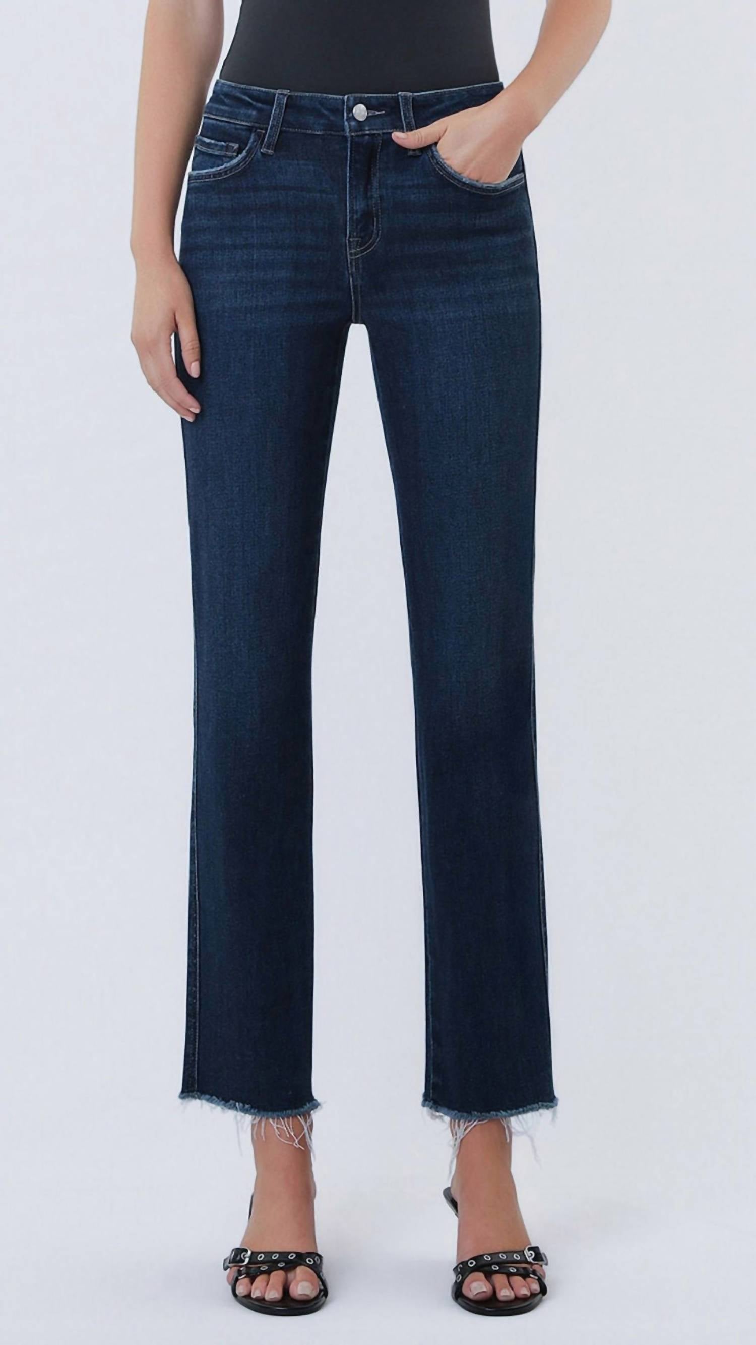 LOVERVET Mid Rise Raw Hem Ankle Straight Jeans in dark blue - women's jeans
