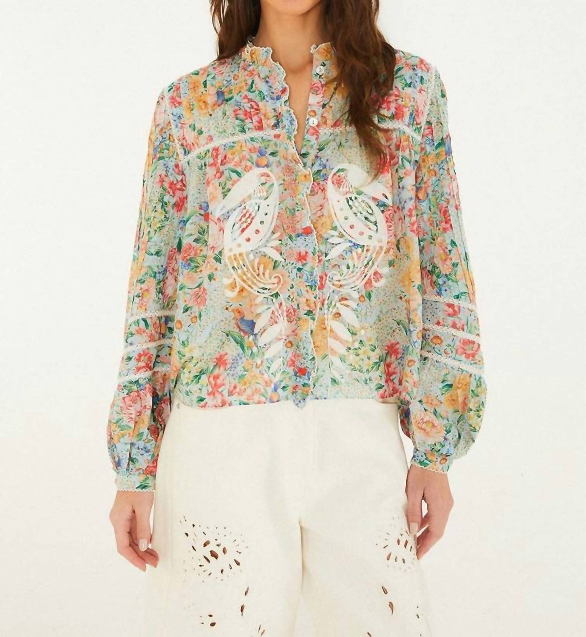 Farm Rio - RENDEIRA MULTICOLOR CUTWORK LONG SLEEVE BLOUSE