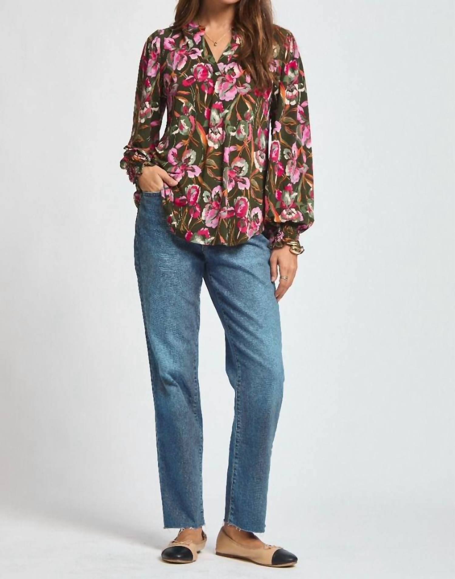 Dear Scarlett Smocked Sleeve Floral Top in multi - women's long sleeve top