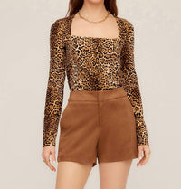 Fifteen Twenty Cady Shirred Top in leopard - women's long sleeve top