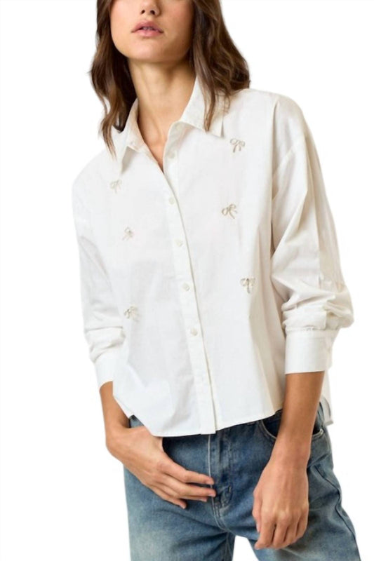 Lalavon - Rhinestone Bow Button Up Shirt