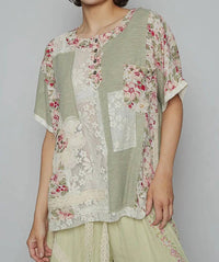 Pol - Sheer Strip Floral Patch Oversize Top