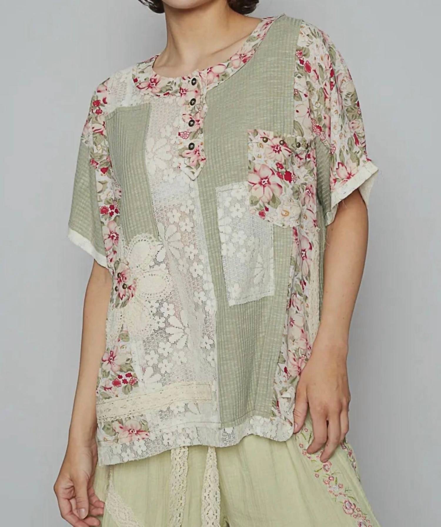 Pol - Sheer Strip Floral Patch Oversize Top