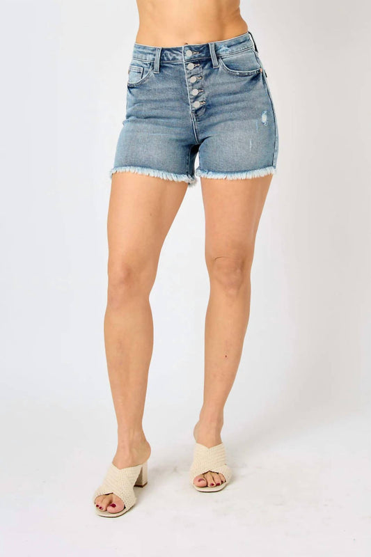 Judy Blue - High Waist Button Fly Frayed Edge Shorts