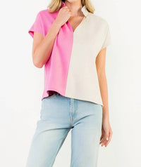 THML Colorblock Suede Top in tan pink - women's blouse - detail view