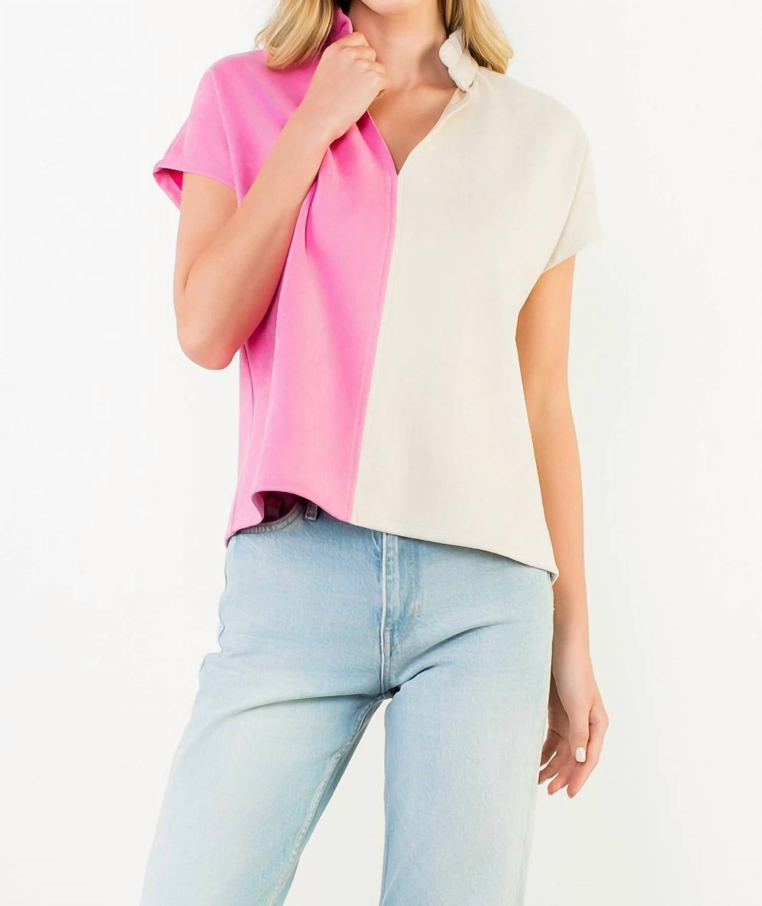 THML Colorblock Suede Top in tan pink - women's blouse - detail view