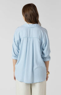 Dex Clothing Button Up Top Shirt in coastal blue stripe - women's shirt - detail view